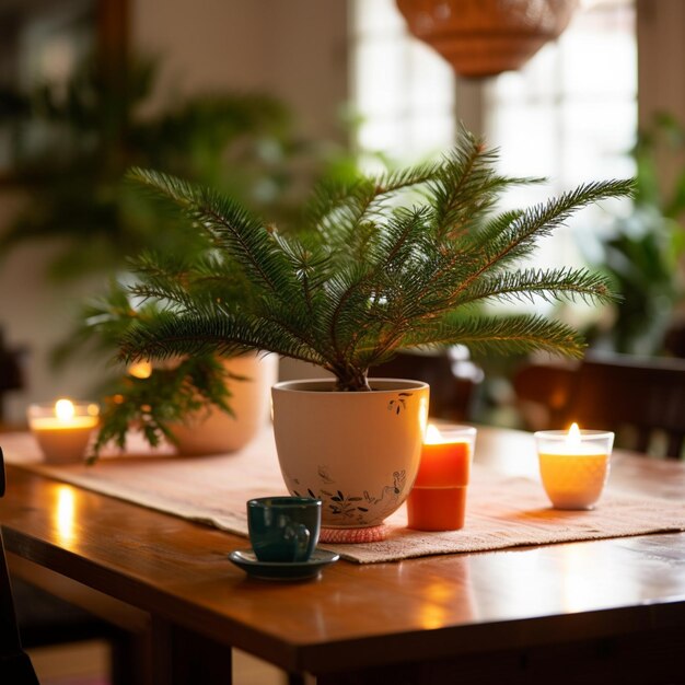 A table with a plant in a pot and two candles on it.