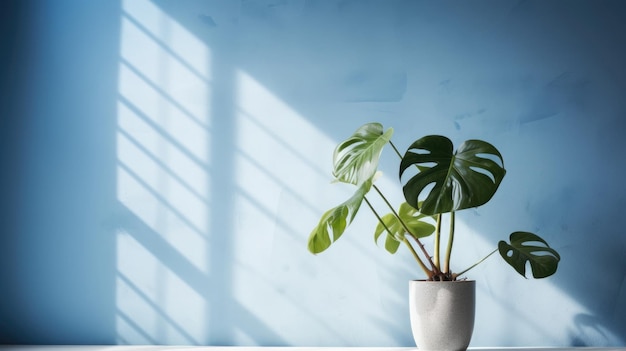 Table with plant in vase against blue wall background Generative AI