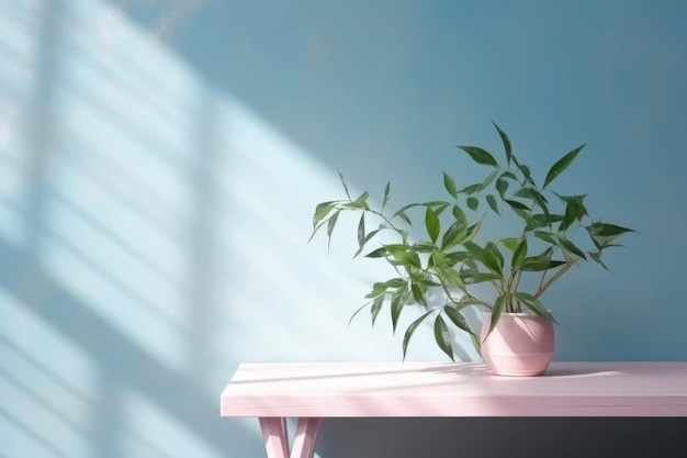 Table with plant in vase against blue wall background Generative AI