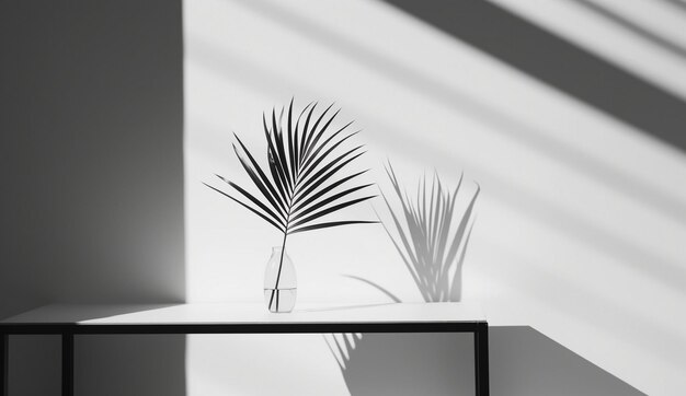 a table with a plant and a vase with palm trees in it.