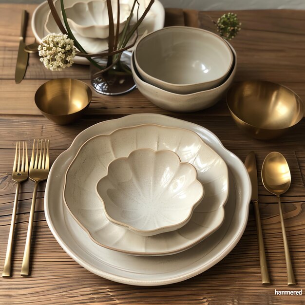 Photo a table with a plate and a bowl with a seashell on it