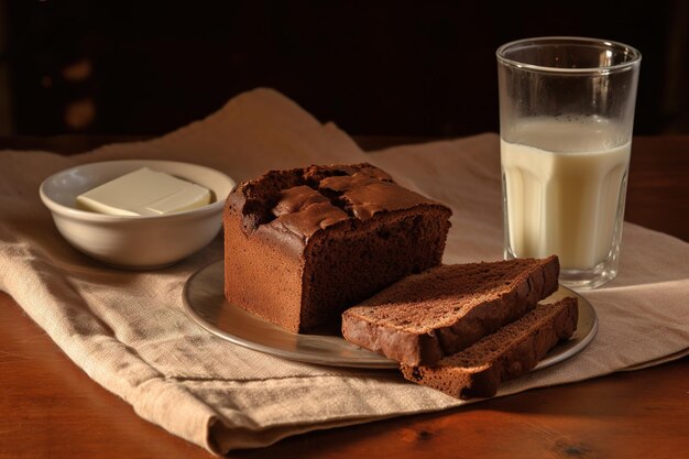 A table with a plate of bread and a glass of chocolate milk