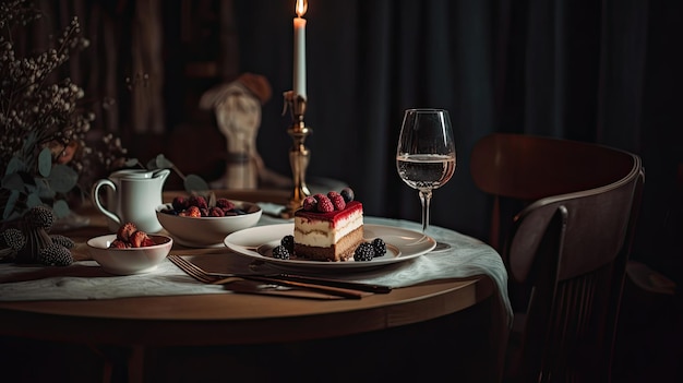 A table with a plate of cake and a glass of wine