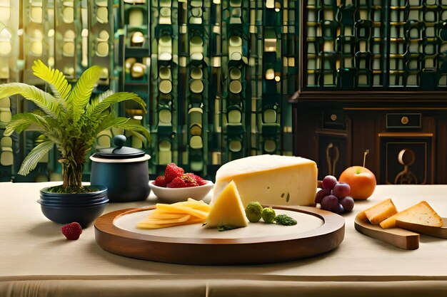 Photo a table with a plate of cheese and grapes on it