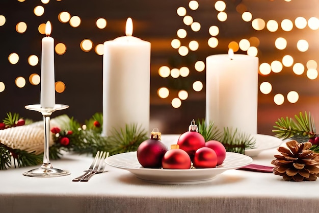 A table with a plate of christmas decorations and candles on it