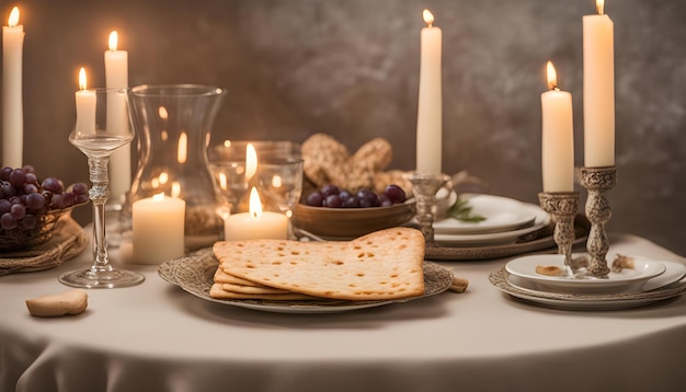 a table with a plate of crackers a candle and a plate of crackers