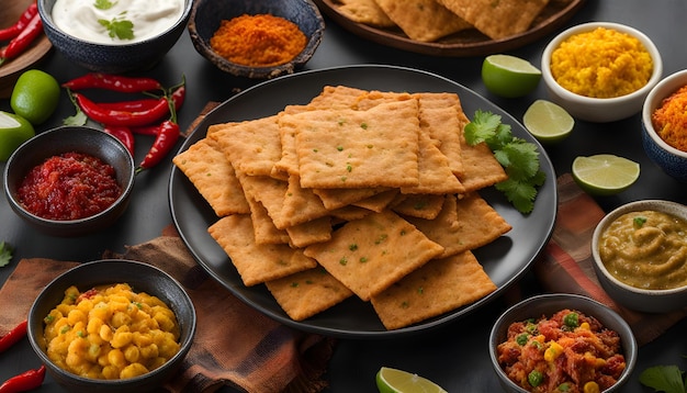 a table with a plate of crackers corn and a plate of crackers