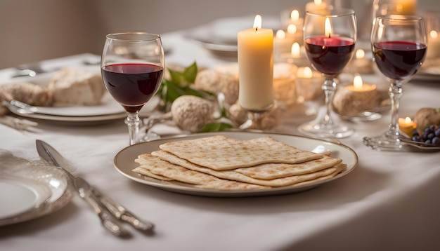 a table with a plate of crackers crackers and wine glasses