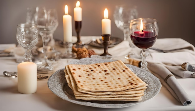 a table with a plate of crackers and a plate of crackers with a candle and a glass of wine