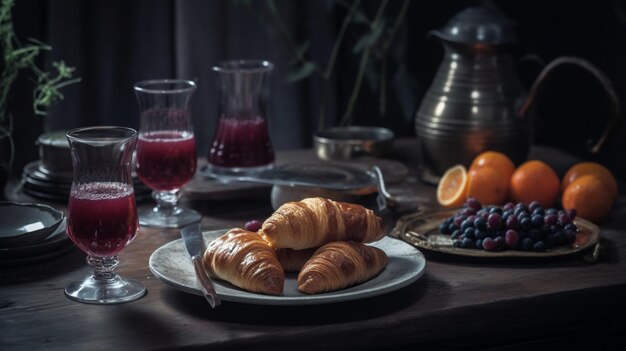Foto un tavolo con un piatto di croissant e un bicchiere di succo d'arancia.