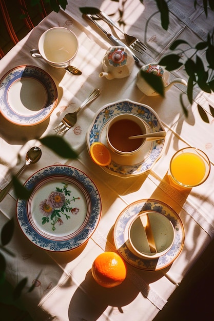 Photo a table with a plate and cups on it