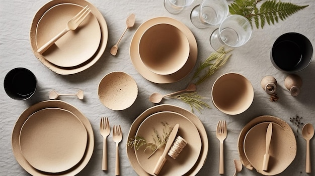 a table with a plate and cups and spoons on it