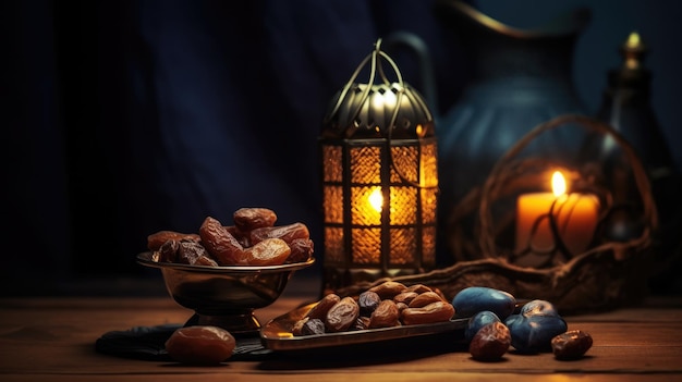 A table with a plate of dates and a lantern
