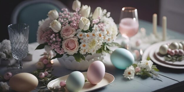 A table with a plate of eggs and flowers on it