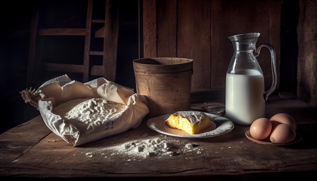 A table with a plate of flour and a bottle of milk on it