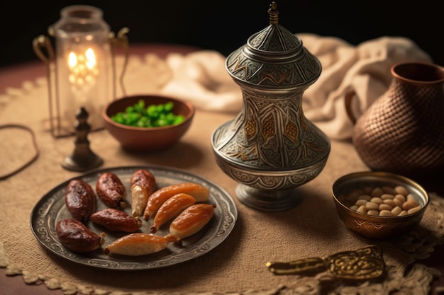 Foto un tavolo con un piatto di cibo e una ciotola di cibo sopra