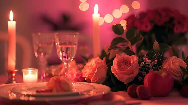 Photo a table with a plate of food and a candle in the background