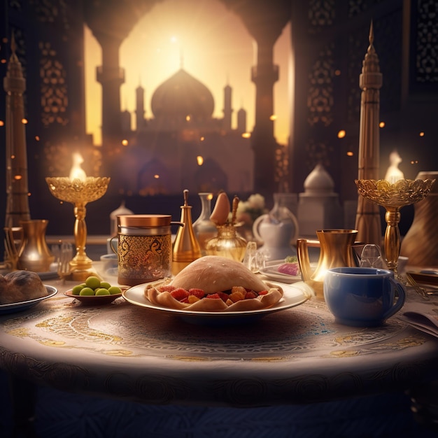 A table with a plate of food and a candle in the background