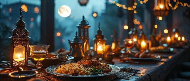 a table with a plate of food and candles