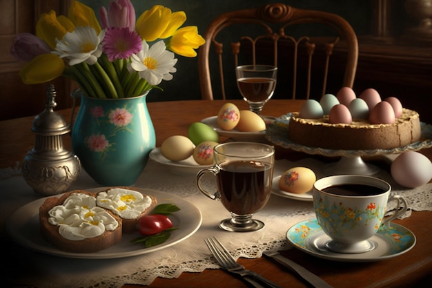 A table with a plate of food and a cup of coffee on it.