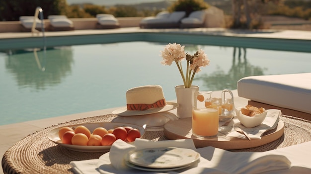 A table with a plate of food and a cup of orange juice on it