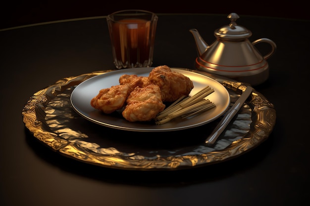 A table with a plate of food and a glass of tea.