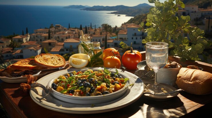 Photo a table with a plate of food and a glass of water