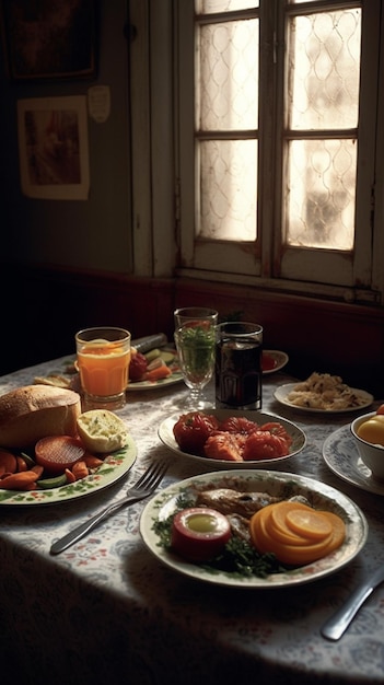 A table with a plate of food and glasses of orange juice