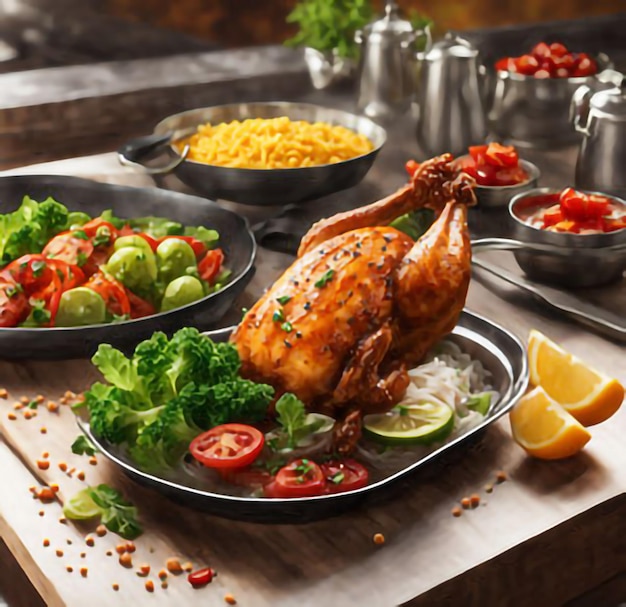 a table with a plate of food including chicken rice and vegetables