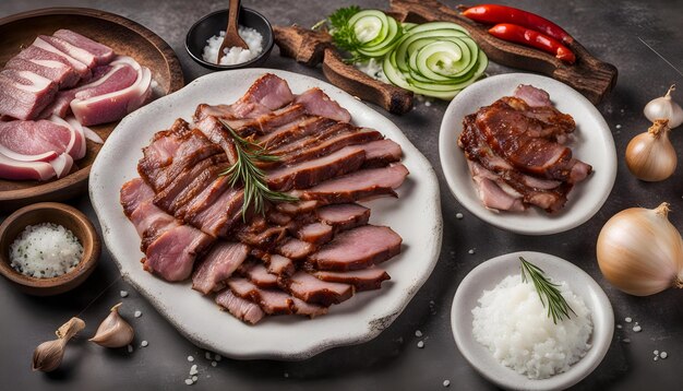 Photo a table with a plate of food including meat rice and vegetables