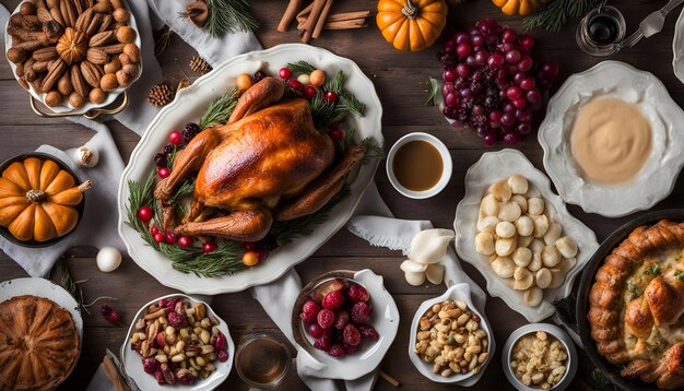 Photo a table with a plate of food including a turkey nuts and nuts