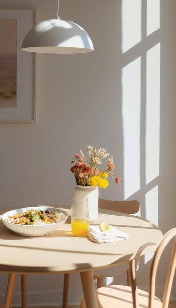 A table with a plate of food on it and a vase of flowers on the table.