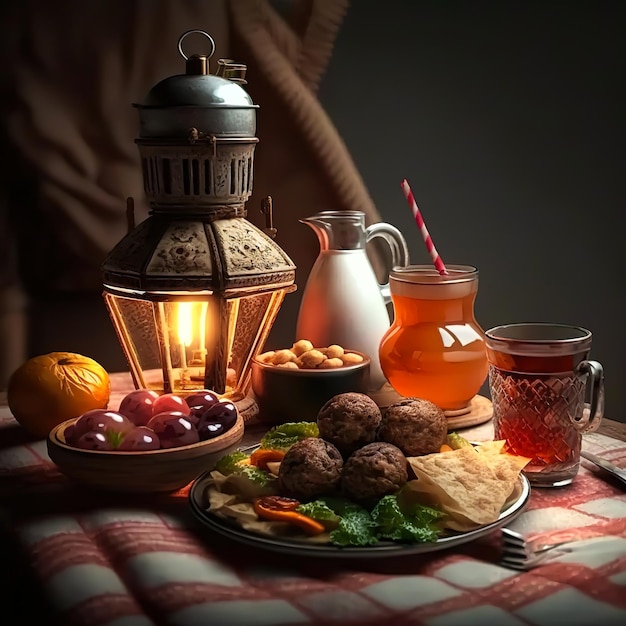 A table with a plate of food and a lamp with a red and white checkered cloth.