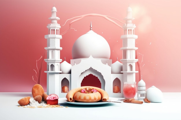 A table with a plate of food and a mosque in the background