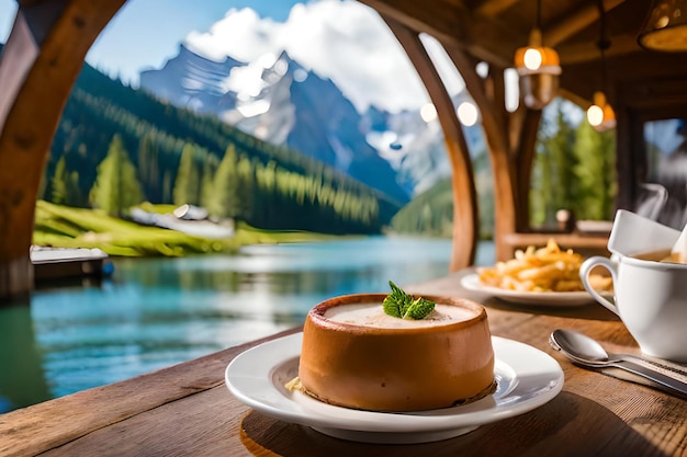 A table with a plate of food and a mountain view in the background