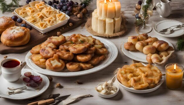 a table with a plate of food that has a candle on it