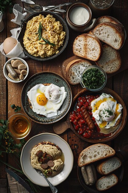 Photo a table with a plate of food that has eggs mushrooms and bread