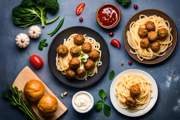 A table with a plate of food that has spaghetti and meatballs on it