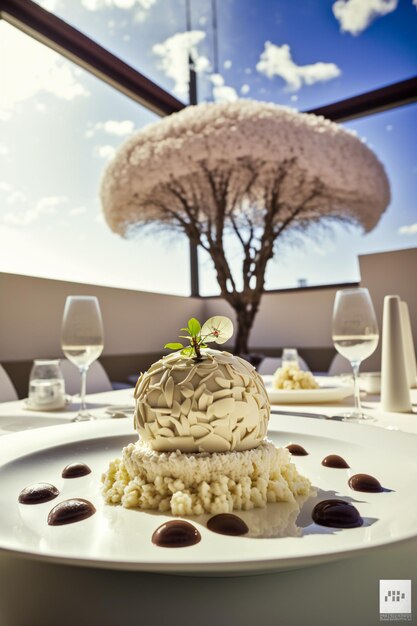 Photo a table with a plate of food and a tree in the background