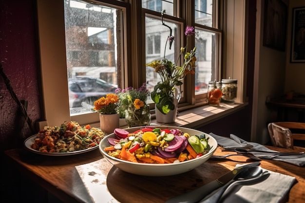 A table with a plate of food and a window behind it