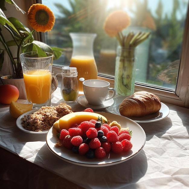 a table with a plate of fruit, fruit, and a cup of coffee.