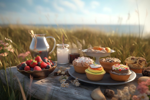 A table with a plate of pastries and a cup of coffee on it.