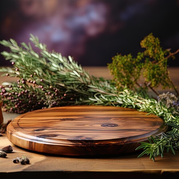 Foto un tavolo con un piatto di rami di pino e una pianta su di esso