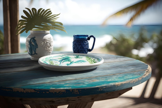 A table with a plate and a plate with a plate with a plant on it.