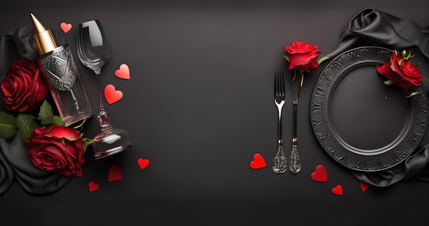 A table with a plate and a plate with red hearts on it