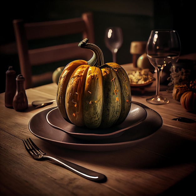 A table with a plate and a pumpkin on it