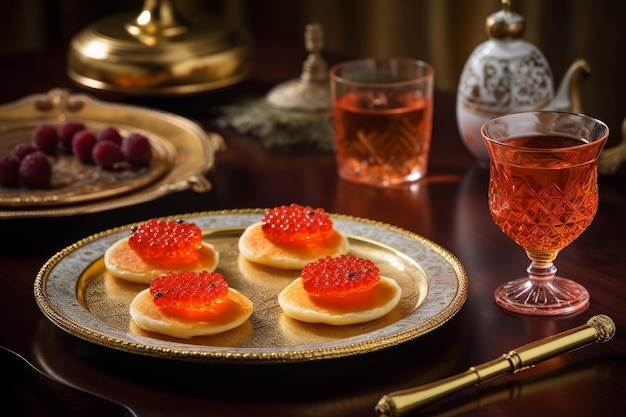 A table with a plate of red caviar and a glass of red wine.