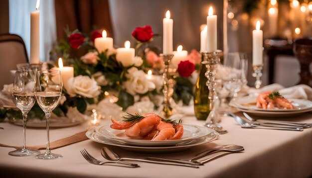 Photo a table with a plate of shrimp and a plate of food on it