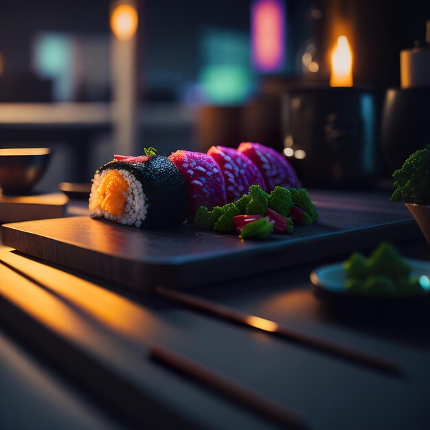 A table with a plate of sushi and a candle on it