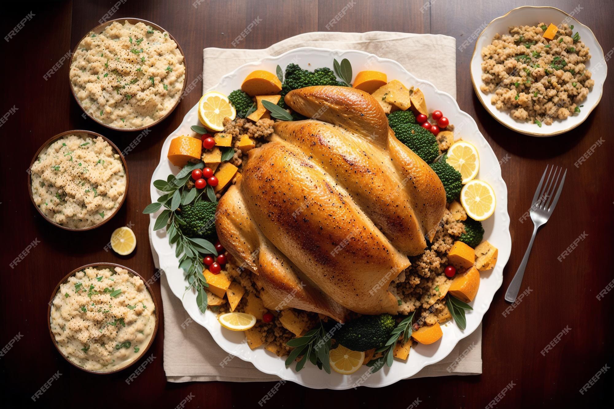 Premium AI Image | A table with a plate of turkey and mashed potatoes.